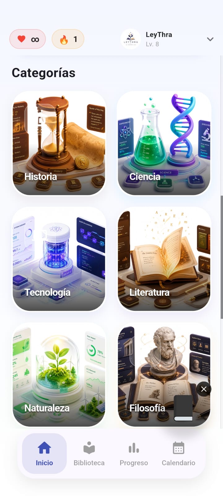 Pantalla de inicio con categorías de LeyThra