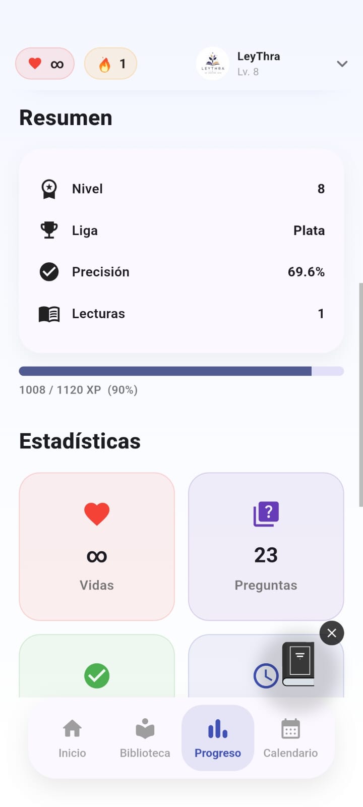 Pantalla de progreso, nivel y liga en LeyThra